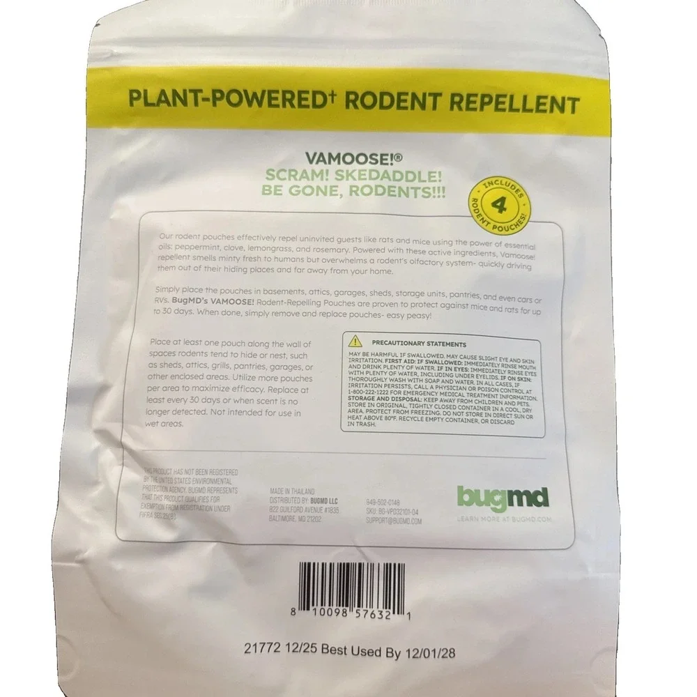 BugMD Vamoose! PLUS - Rodent Repellent Pouches 4 Pouches Plant-Powered